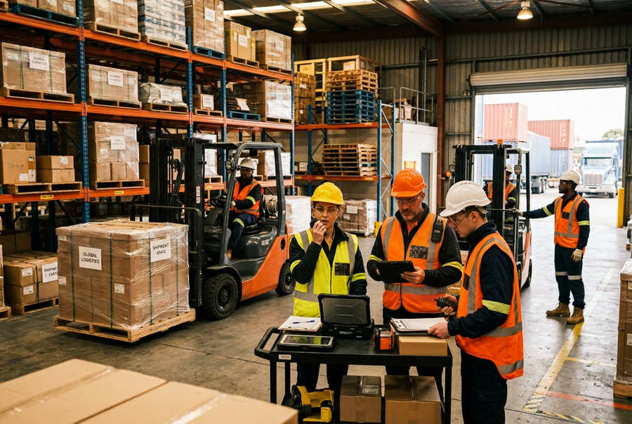 warehouse employees using radios